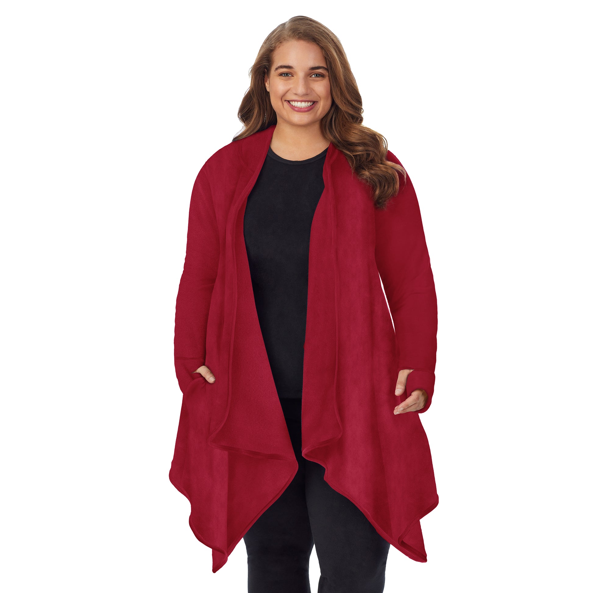 Rhubarb; Model is wearing size 1X. She is 5'7", Bust 42.5", Waist 34.5", Hips 46".@Upper body of a lady wearing long sleeve red hooded wrap
