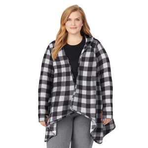Upper body of a lady wearing long sleeve grey buffalo hooded wrap