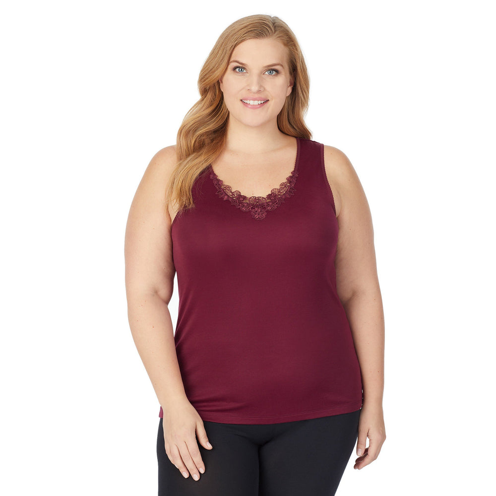 A lady wearing wine softtech venice lace detail cami plus.