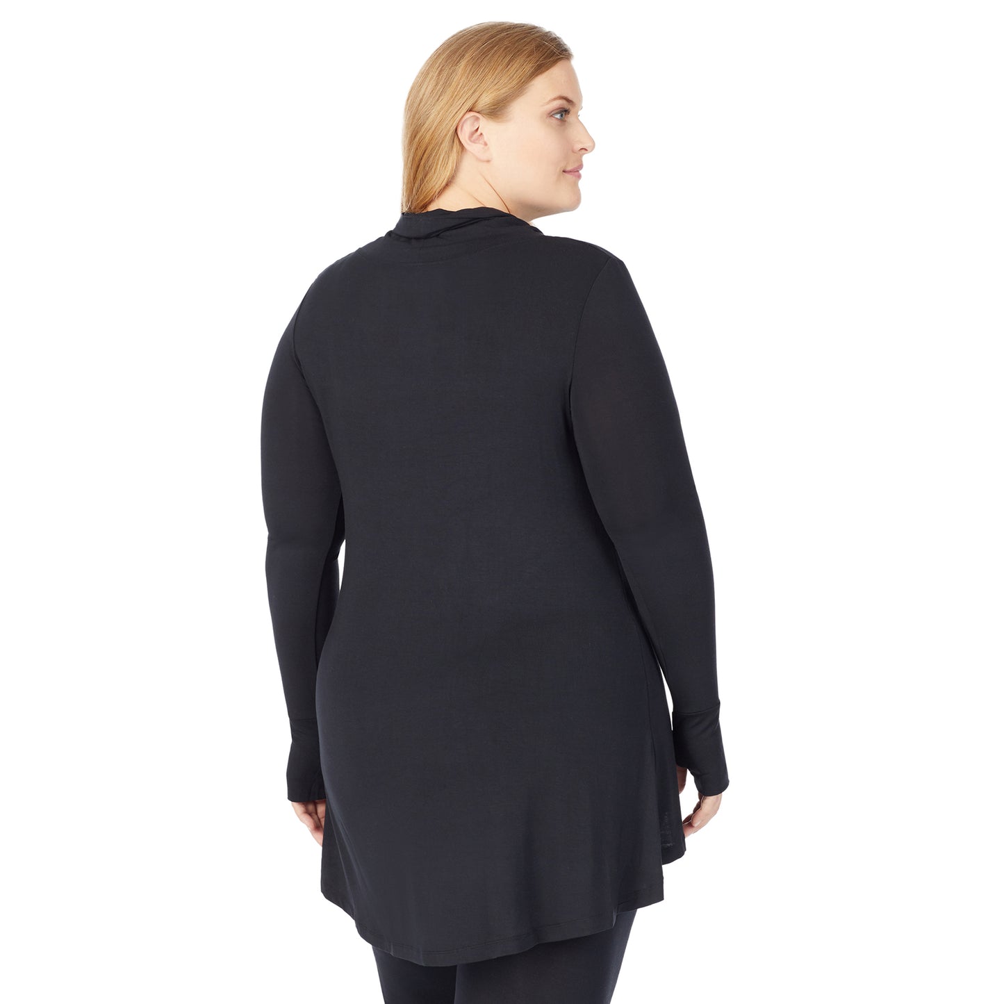 Black; Model is wearing size 1X. She is 5'9", Bust 38", Waist 36", Hips 48.5". @A lady wearing a black long sleeve stretch cowl tunic plus.