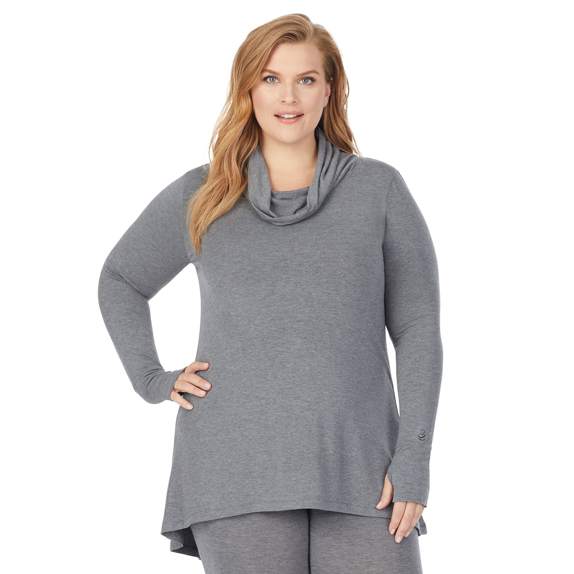 Charcoal Heather; Model is wearing size 1X. She is 5'9", Bust 38", Waist 36", Hips 48.5". @A lady wearing a charcoal heather long sleeve stretch cowl tunic plus.