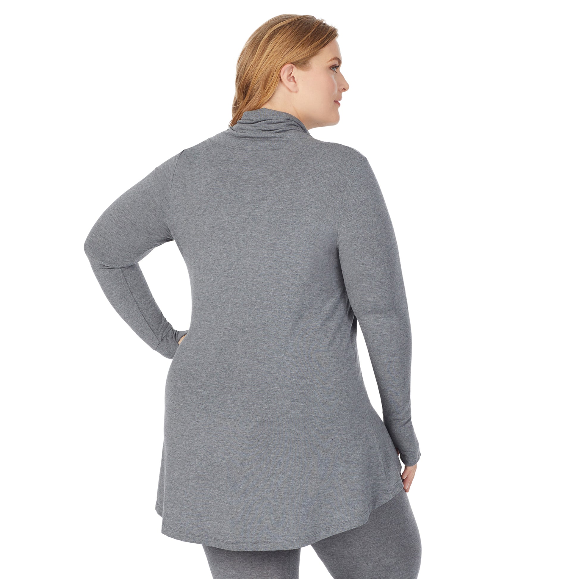 Charcoal Heather; Model is wearing size 1X. She is 5'9", Bust 38", Waist 36", Hips 48.5". @A lady wearing a charcoal heather long sleeve stretch cowl tunic plus.