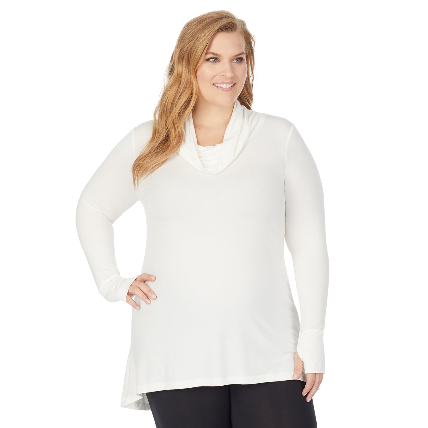Ivory; Model is wearing size 1X. She is 5'9", Bust 38", Waist 36", Hips 48.5". @A lady wearing a ivory long sleeve stretch cowl tunic plus.