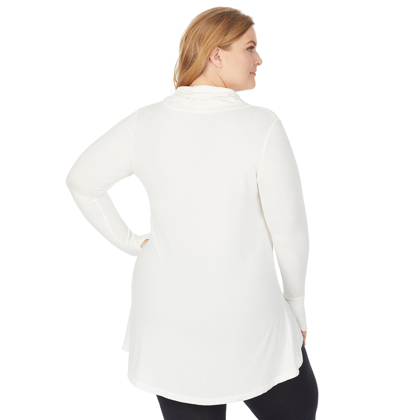 Ivory; Model is wearing size 1X. She is 5'9", Bust 38", Waist 36", Hips 48.5". @A lady wearing a ivory long sleeve stretch cowl tunic plus.