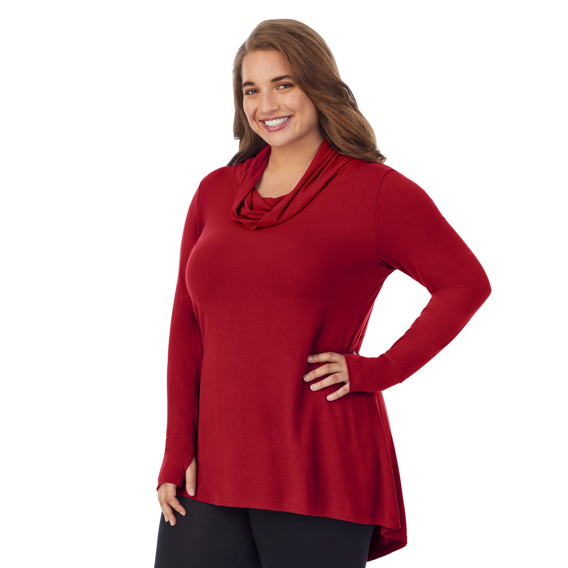 Rhubarb; Model is wearing size 1X. She is 5'7", Bust 42.5", Waist 34.5", Hips 46". @A lady wearing a rhubarb long sleeve stretch cowl tunic plus.