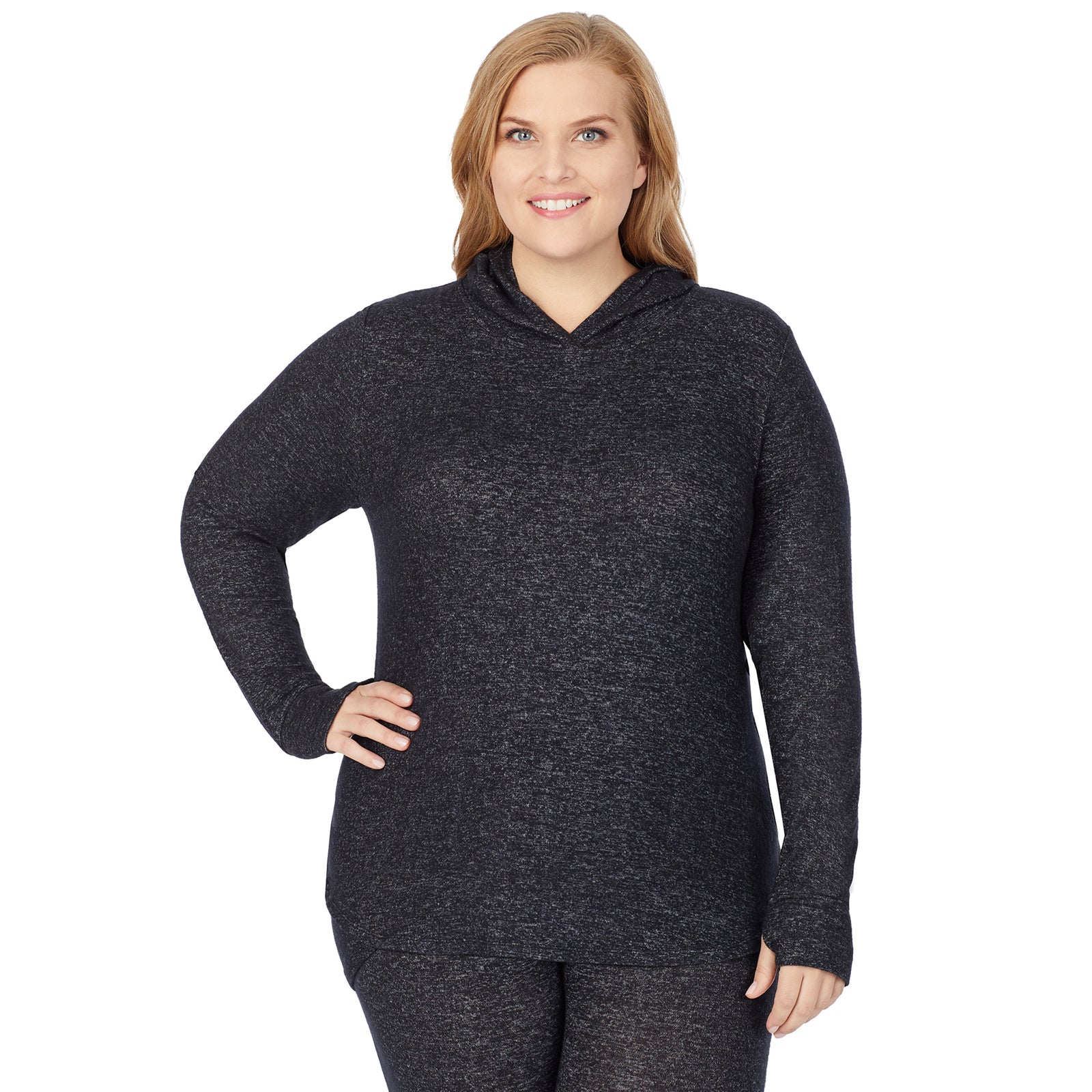 Marled Dark Charcoal; Model is wearing size 1X. She is 5'9", Bust 38", Waist 36", Hips 48.5". @A lady wearing a marled dark charcoal long sleeve tunic hoodie plus.