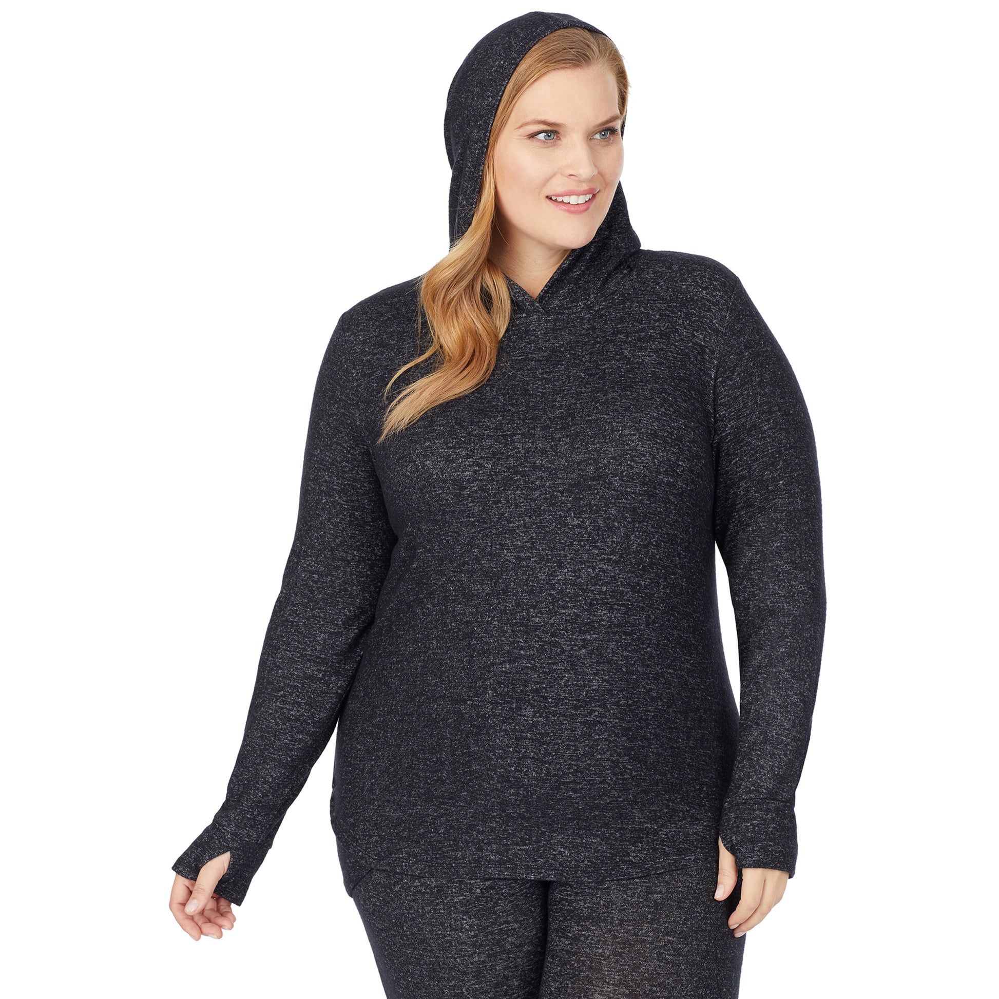 Marled Dark Charcoal; Model is wearing size 1X. She is 5'9", Bust 38", Waist 36", Hips 48.5". @A lady wearing a marled dark charcoal long sleeve tunic hoodie plus.
