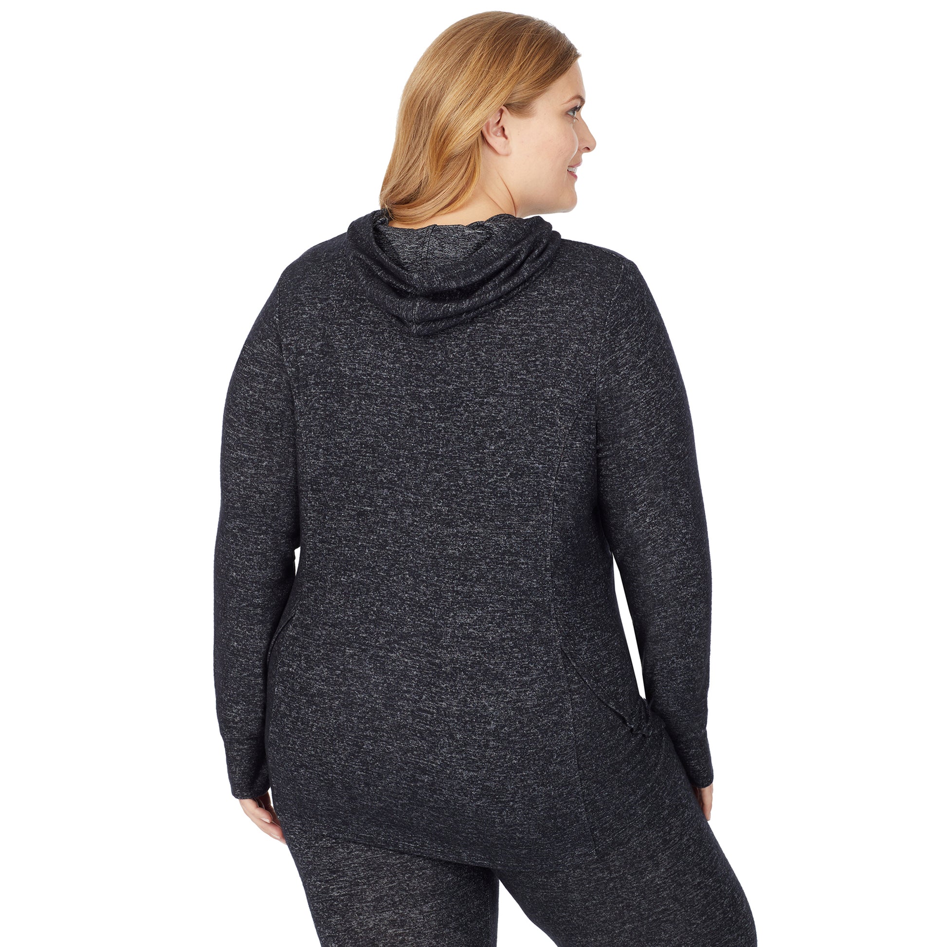 Marled Dark Charcoal; Model is wearing size 1X. She is 5'9", Bust 38", Waist 36", Hips 48.5". @A lady wearing a marled dark charcoal long sleeve tunic hoodie plus.
