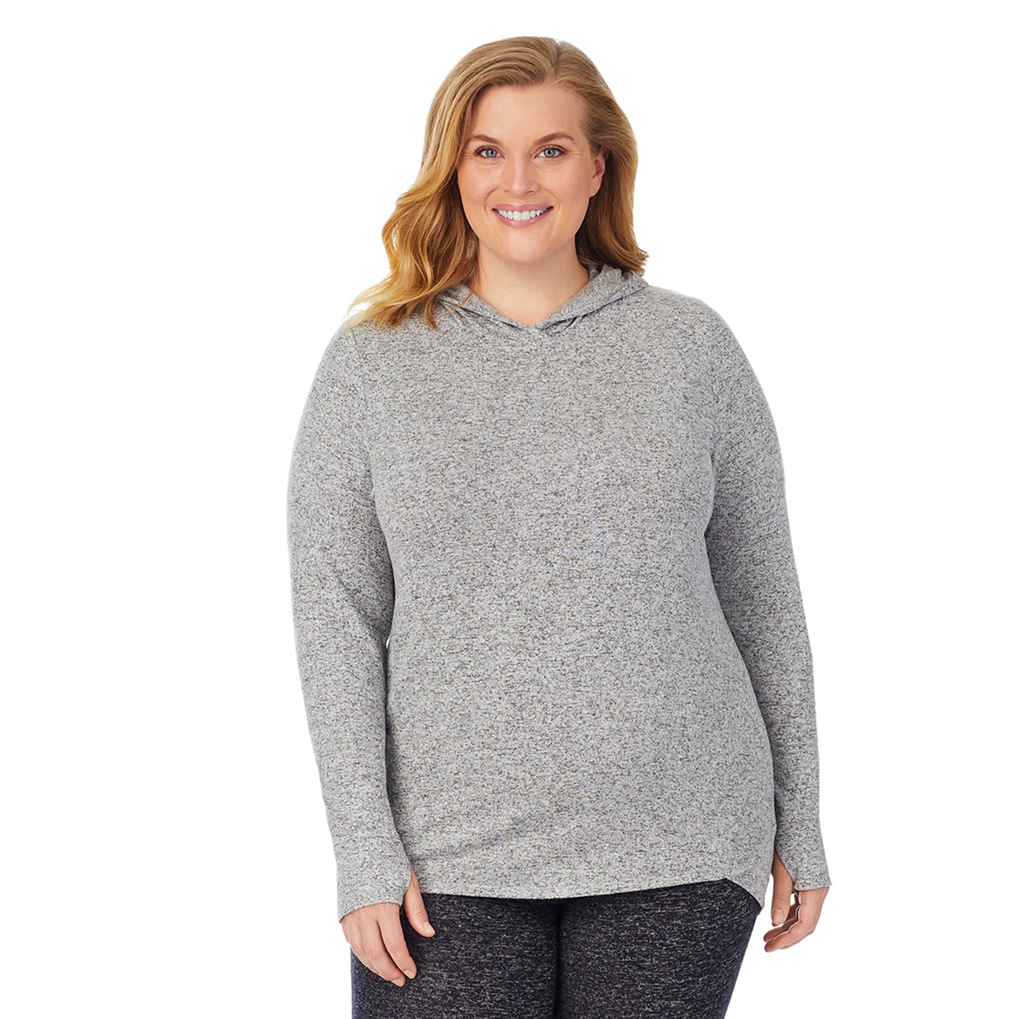 Marled Grey; Model is wearing size 1X. She is 5'9", Bust 38", Waist 36", Hips 48.5". @A lady wearing a marled grey long sleeve tunic hoodie plus.