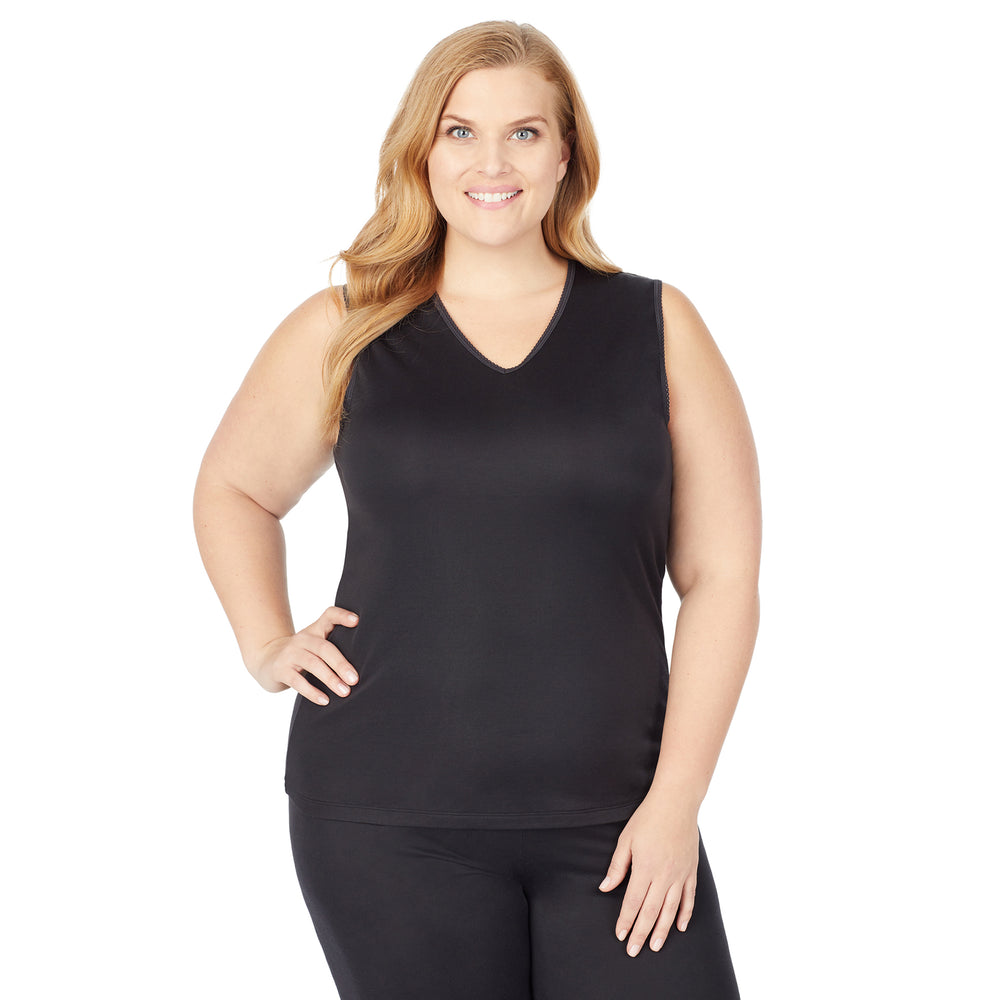 A lady wearing Softwear Lace Edge V-Neck Tank PLUS in Black