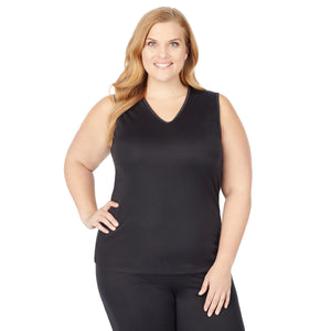 A lady wearing Softwear Lace Edge V-Neck Tank PLUS in Black  