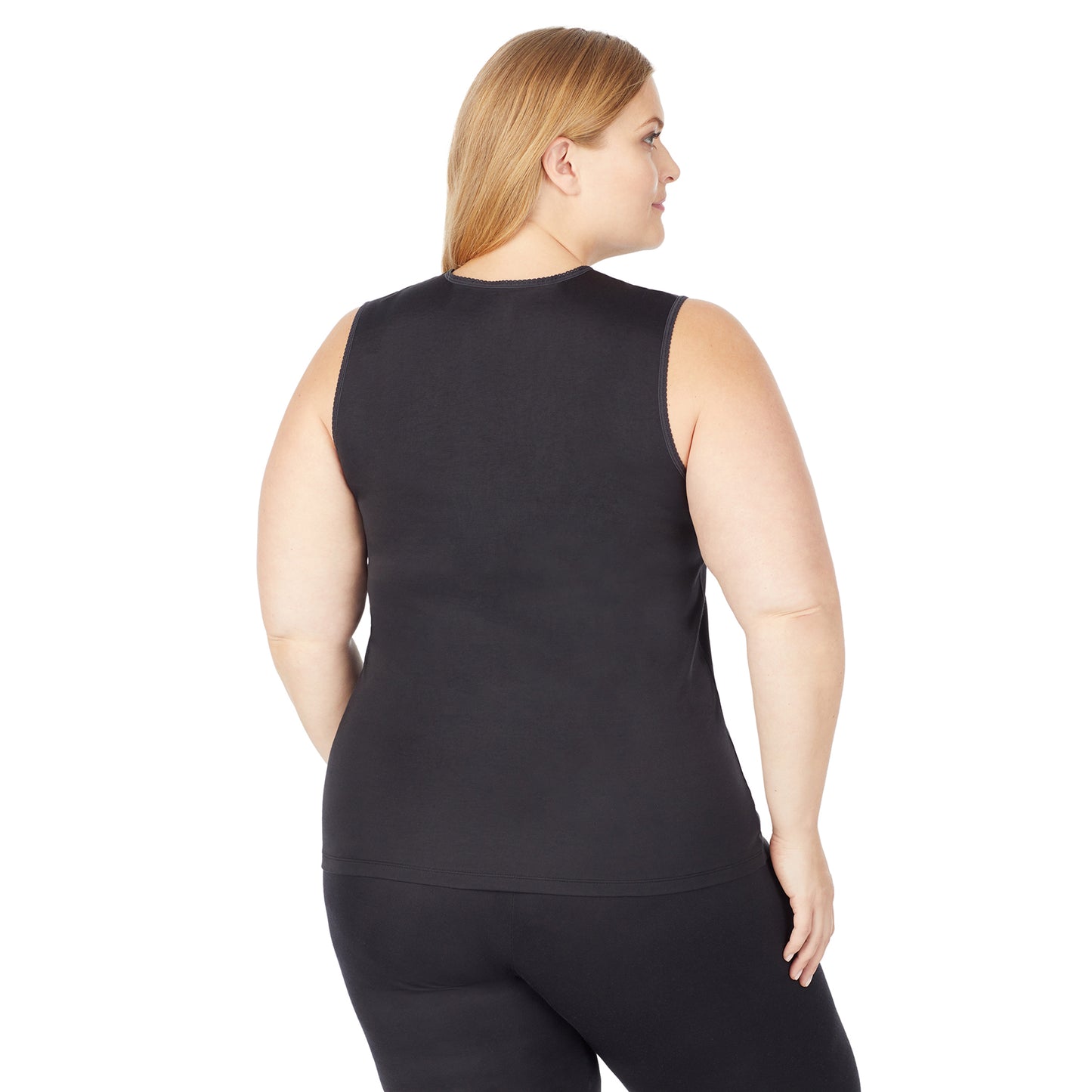 Black; Model is wearing size 1X. She is 5'9", Bust 38", Waist 36", Hips 48.5". @A lady wearing a black sleeveless lace edge V-Neck tank plus.