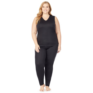 A lady wearing Softwear Lace Edge V-Neck Tank PLUS in Black side view side view