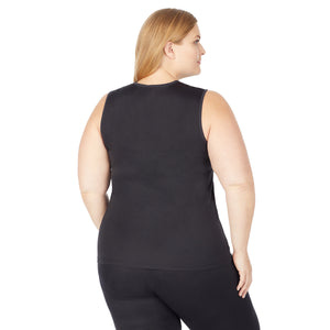 A lady wearing Softwear Lace Edge V-Neck Tank PLUS in Black back view back view