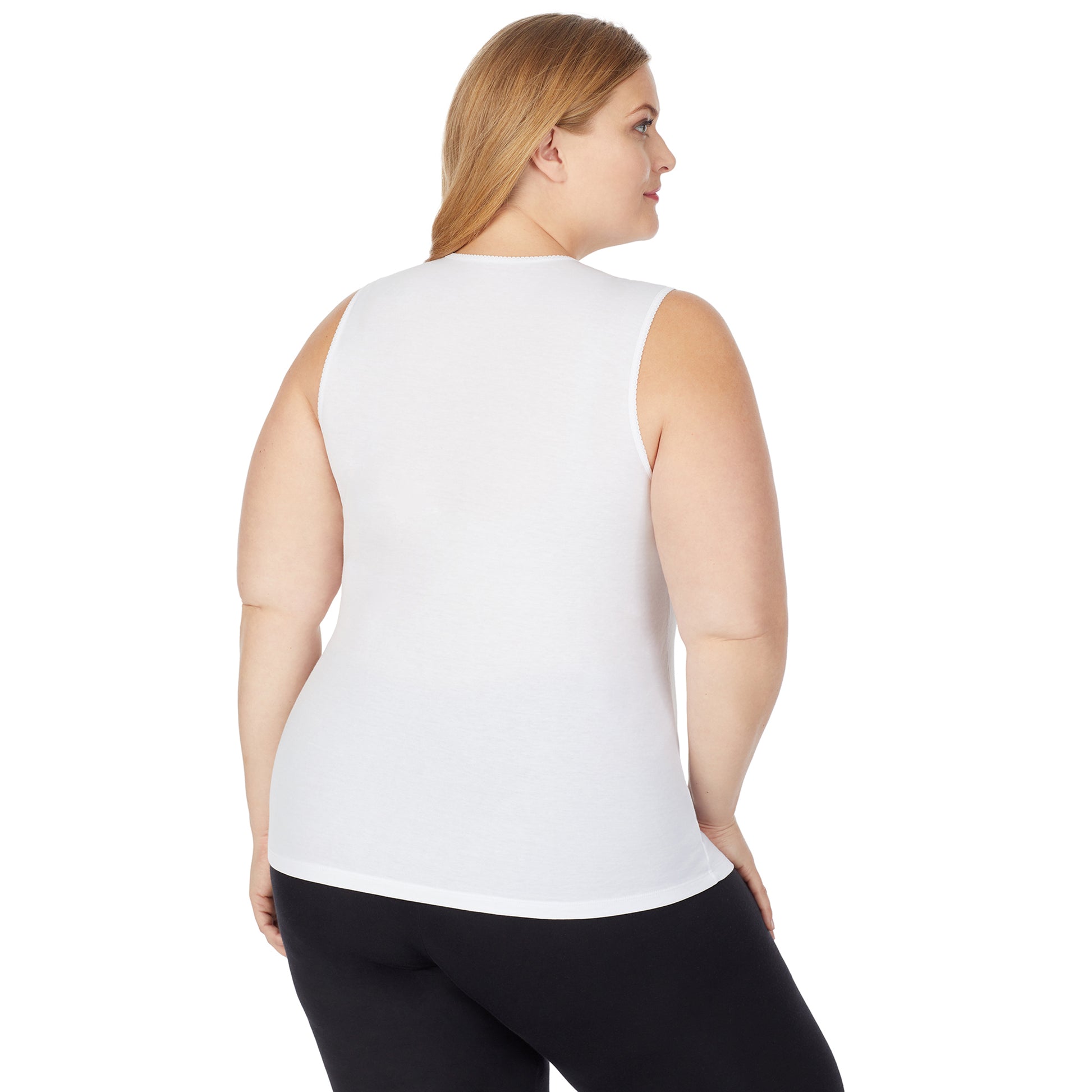 White; Model is wearing size 1X. She is 5'9", Bust 38", Waist 36", Hips 48.5". @A lady wearing a white sleeveless lace edge V-Neck tank plus.