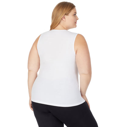 White; Model is wearing size 1X. She is 5'9", Bust 38", Waist 36", Hips 48.5". @A lady wearing a white sleeveless lace edge V-Neck tank plus.