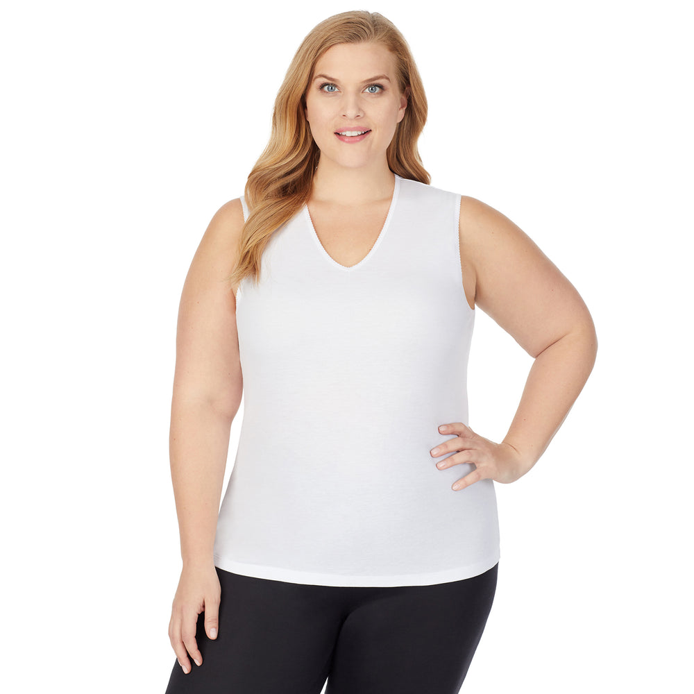 A lady wearing Softwear Lace Edge V-Neck Tank PLUS in White back view back view