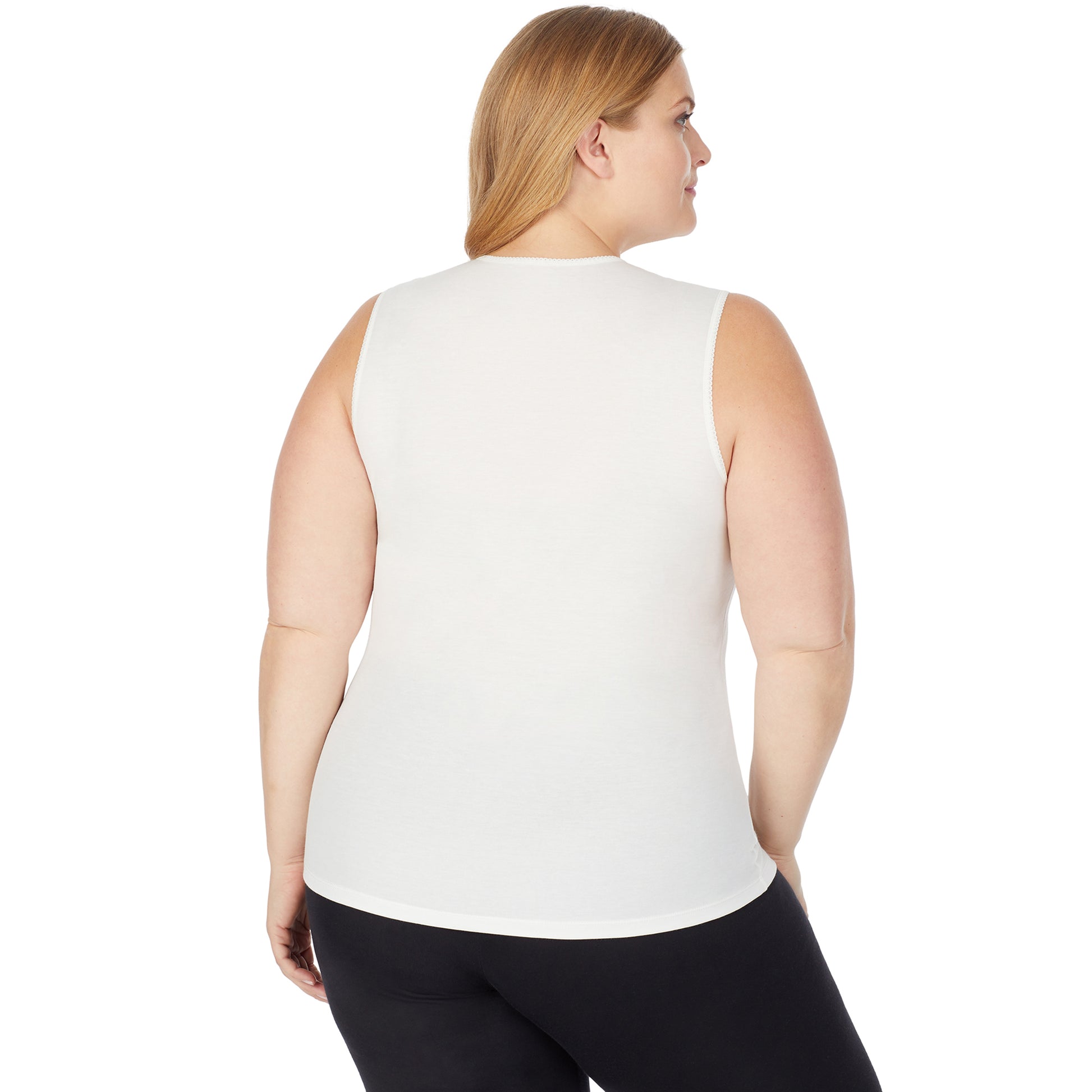 Ivory; Model is wearing size 1X. She is 5'9", Bust 38", Waist 36", Hips 48.5". @A lady wearing a ivory sleeveless lace edge V-Neck tank plus.
