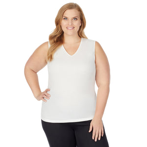 A lady wearing Softwear Lace Edge V-Neck Tank PLUS in Ivory back view back view