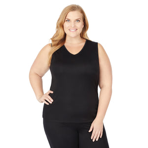 upper body of A lady wearing black v-neck tank top