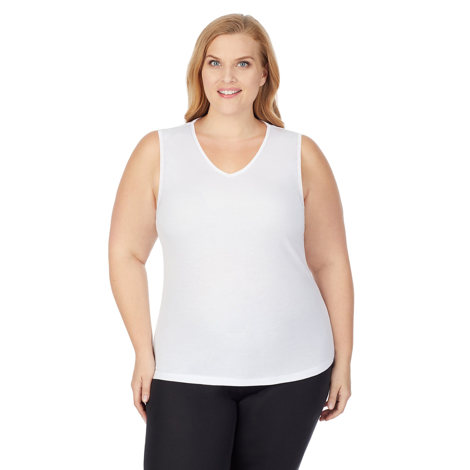 White; Model is wearing size 1X. She is 5'9", Bust 38", Waist 36", Hips 48.5".@upper body of A lady wearing white v-neck tank top