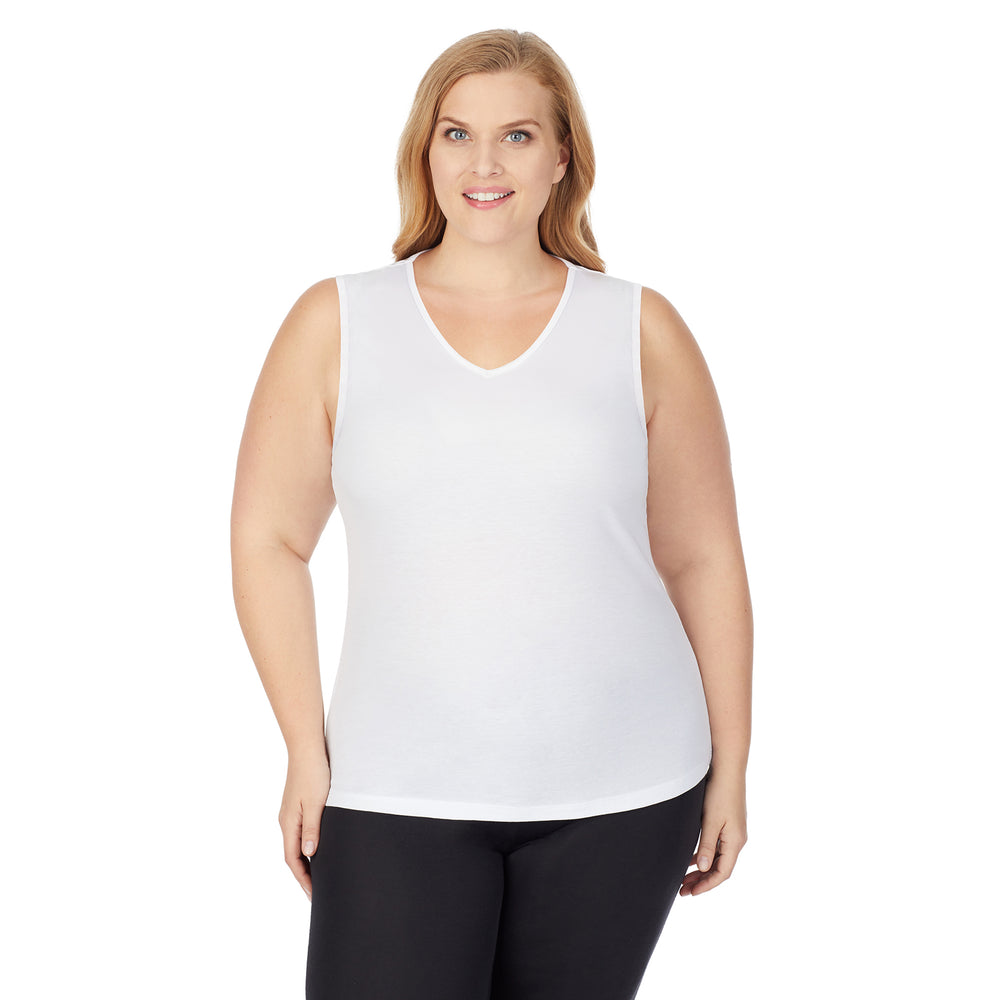upper body of A lady wearing white v-neck tank top