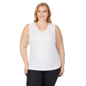 upper body of A lady wearing white v-neck tank top