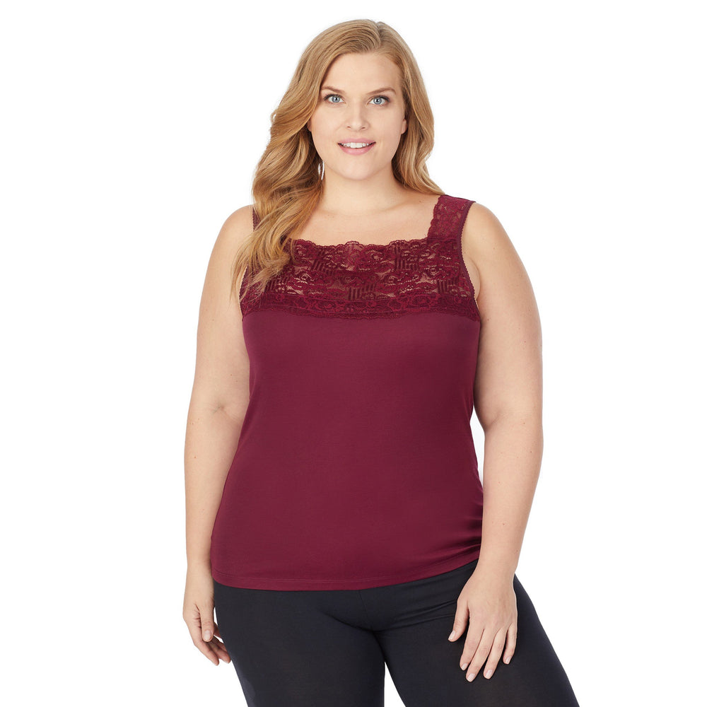 A lady wearing wine lace cami
