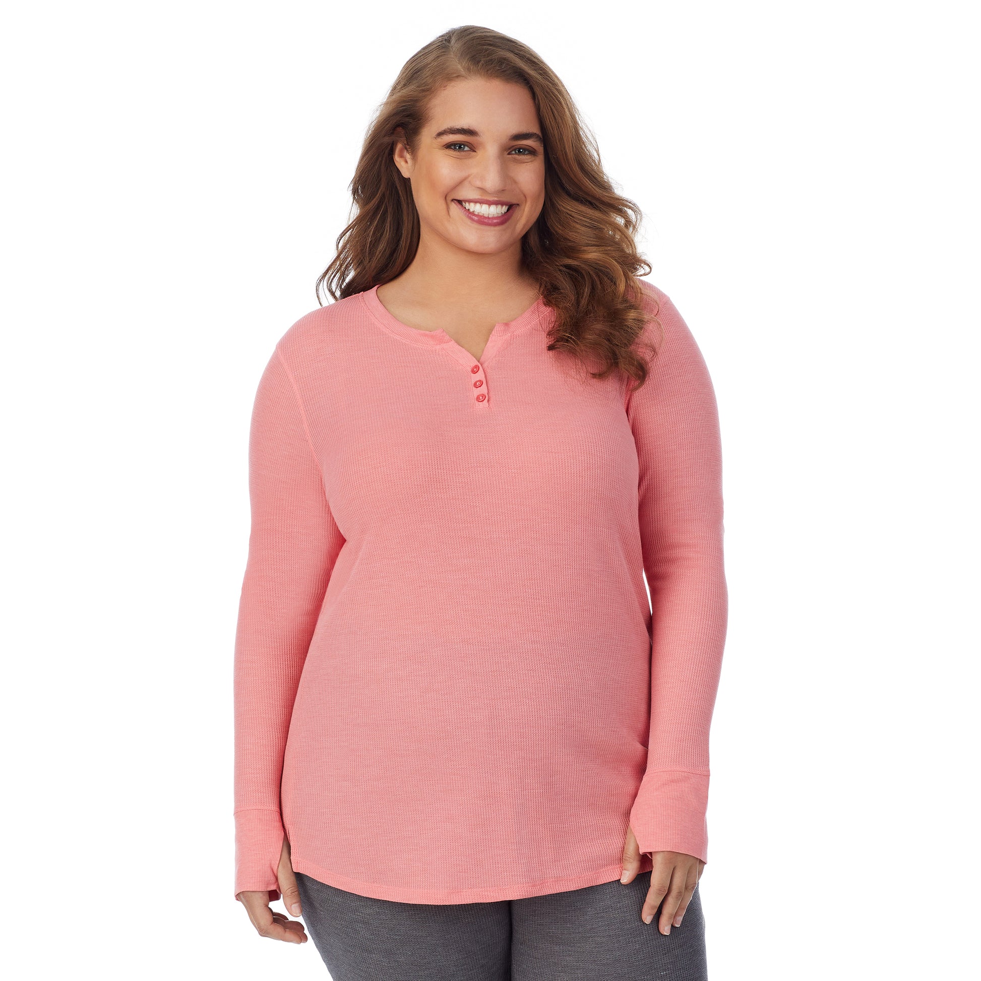Bright Coral Heather; Model is wearing size 1X. She is 5'7", Bust 42.5", Waist 34.5", Hips 46". @A lady wearing a bright coral heather long sleeve split V-Neck plus.