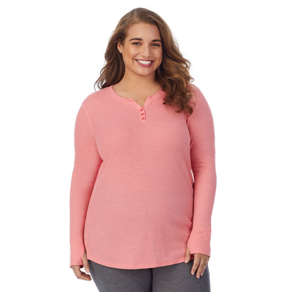 Bright Coral Heather; Model is wearing size 1X. She is 5'7", Bust 42.5", Waist 34.5", Hips 46". @A lady wearing a bright coral heather long sleeve split V-Neck plus.