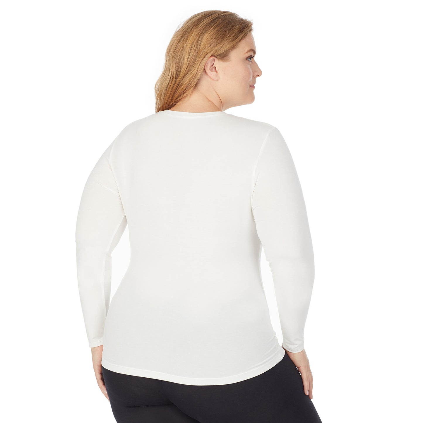 Ivory; Model is wearing size 1X. She is 5'9", Bust 38", Waist 36", Hips 48.5". @A lady wearing a ivory long sleeve stretch crew plus.