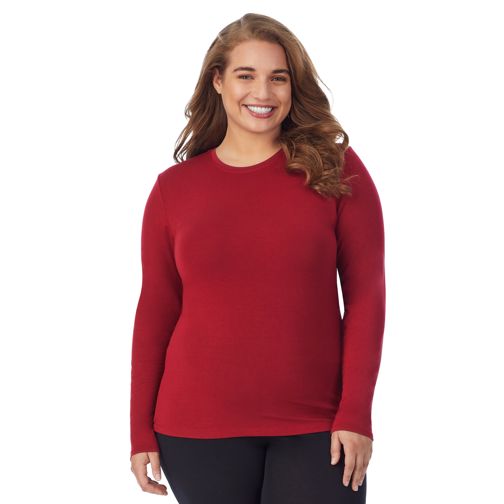 Rhubarb; Model is wearing size 1X. She is 5'7", Bust 42.5", Waist 34.5", Hips 46". @A lady wearing a rhubarb long sleeve stretch crew plus.