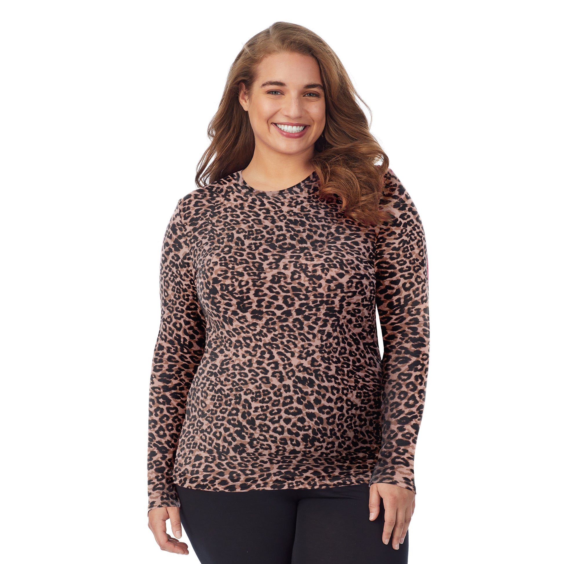 Animal; Model is wearing size 1X. She is 5'7", Bust 42.5", Waist 34.5", Hips 46". @A lady wearing a animal long sleeve stretch crew plus.