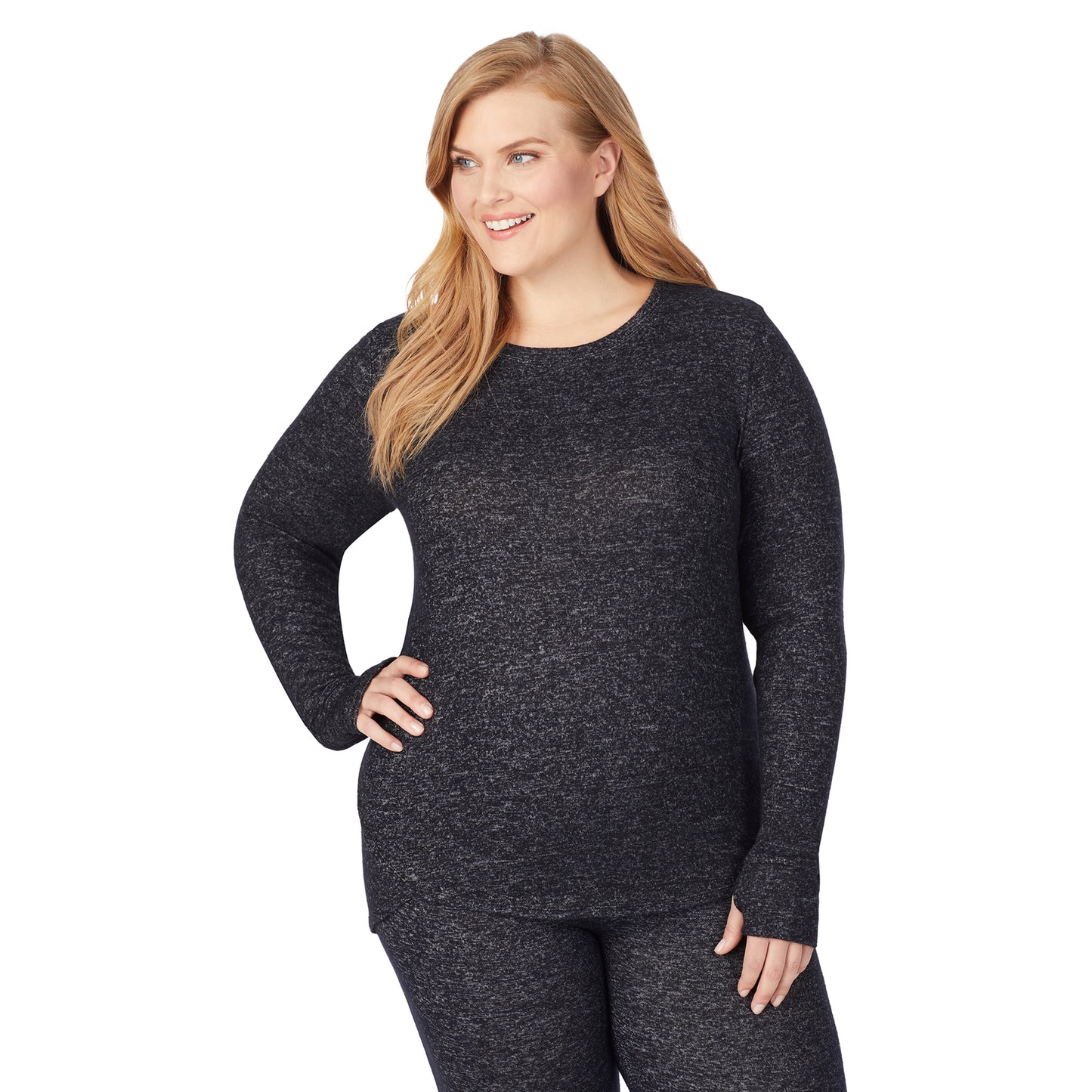 Marled Dark Charcoal; Model is wearing size 1X. She is 5'9", Bust 38", Waist 36", Hips 48.5". @A lady wearing a marled dark charcoal long sleeve crew plus.
