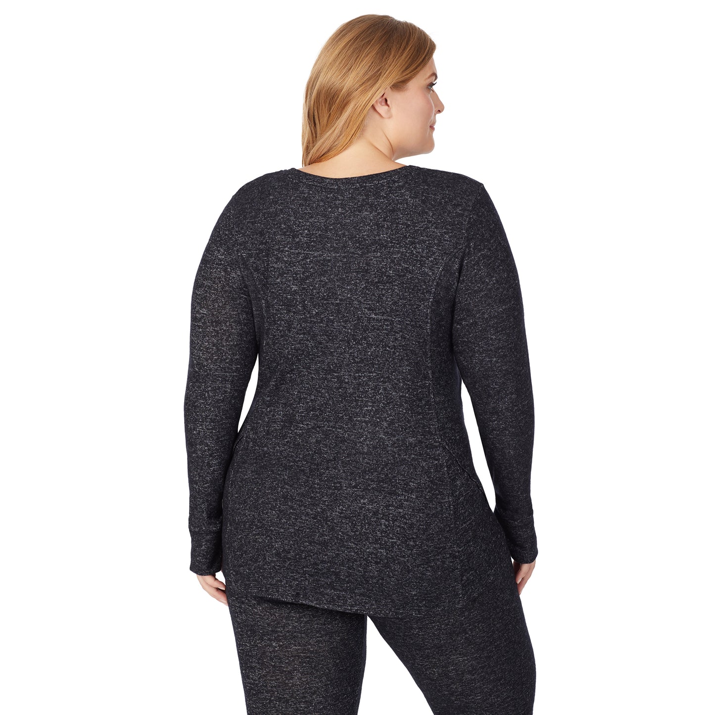 Marled Dark Charcoal; Model is wearing size 1X. She is 5'9", Bust 38", Waist 36", Hips 48.5". @A lady wearing a marled dark charcoal long sleeve crew plus.