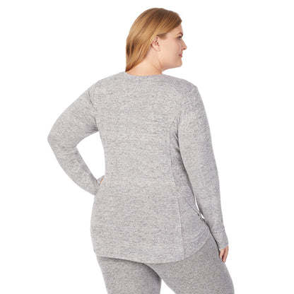 Marled Grey; Model is wearing size 1X. She is 5'9", Bust 38", Waist 36", Hips 48.5". @A lady wearing a marled grey long sleeve crew plus.