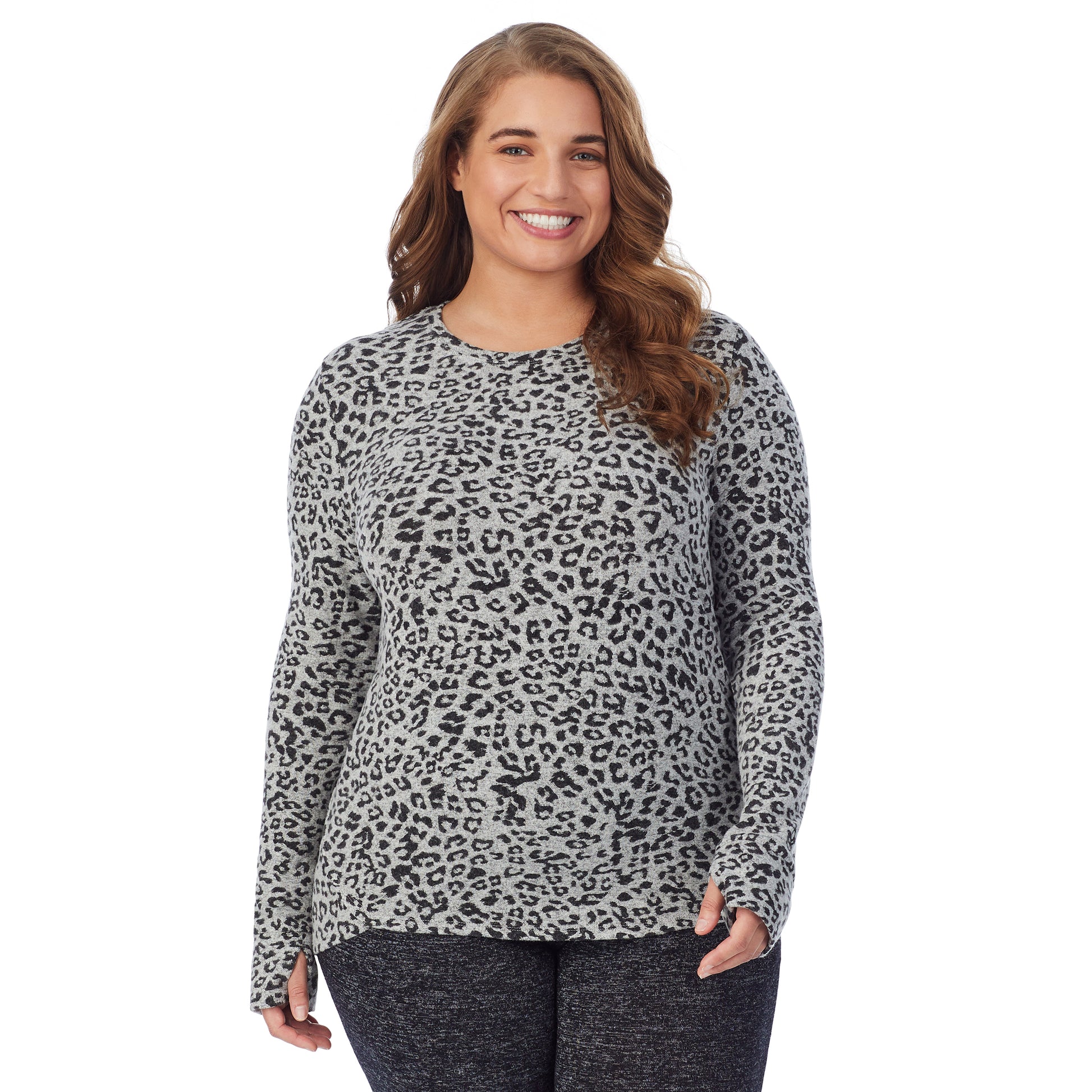 Grey Animal; Model is wearing size 1X. She is 5'7", Bust 42.5", Waist 34.5", Hips 46". @A lady wearing a grey animal long sleeve crew plus.