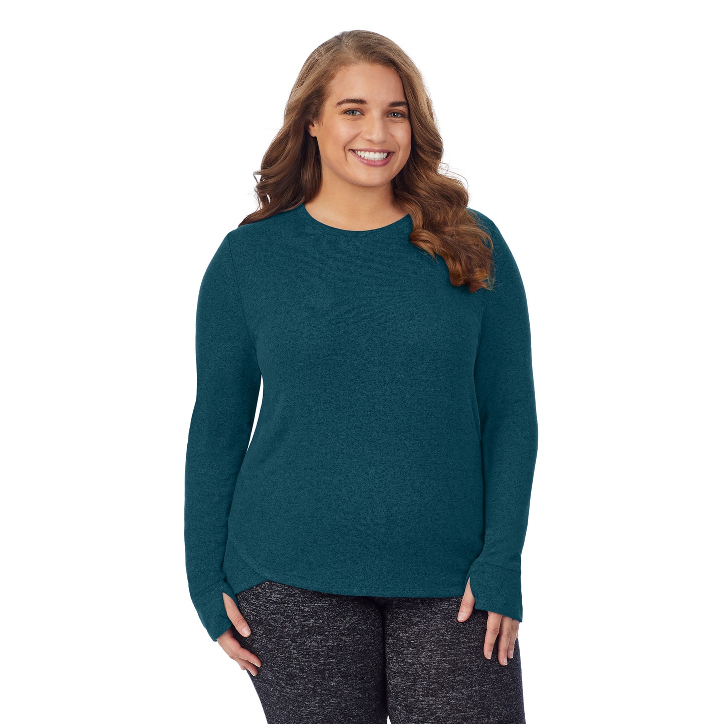 Marled Viridian Green; Model is wearing size 1X. She is 5'7", Bust 42.5", Waist 34.5", Hips 46". @A lady wearing a marled viridian green long sleeve crew plus.