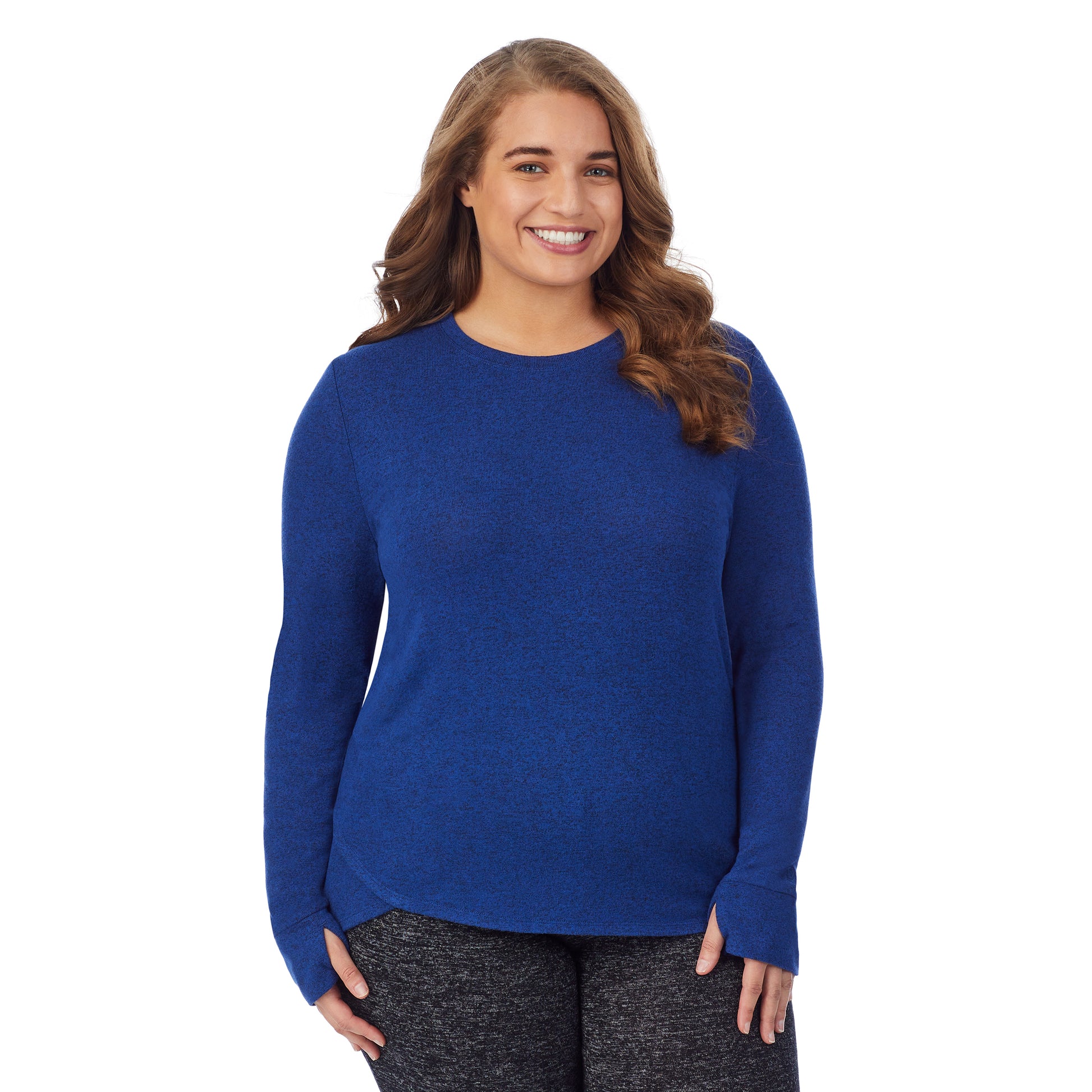 Marled Royal Blue; Model is wearing size 1X. She is 5'7", Bust 42.5", Waist 34.5", Hips 46". @A lady wearing a marled royal blue long sleeve crew plus.