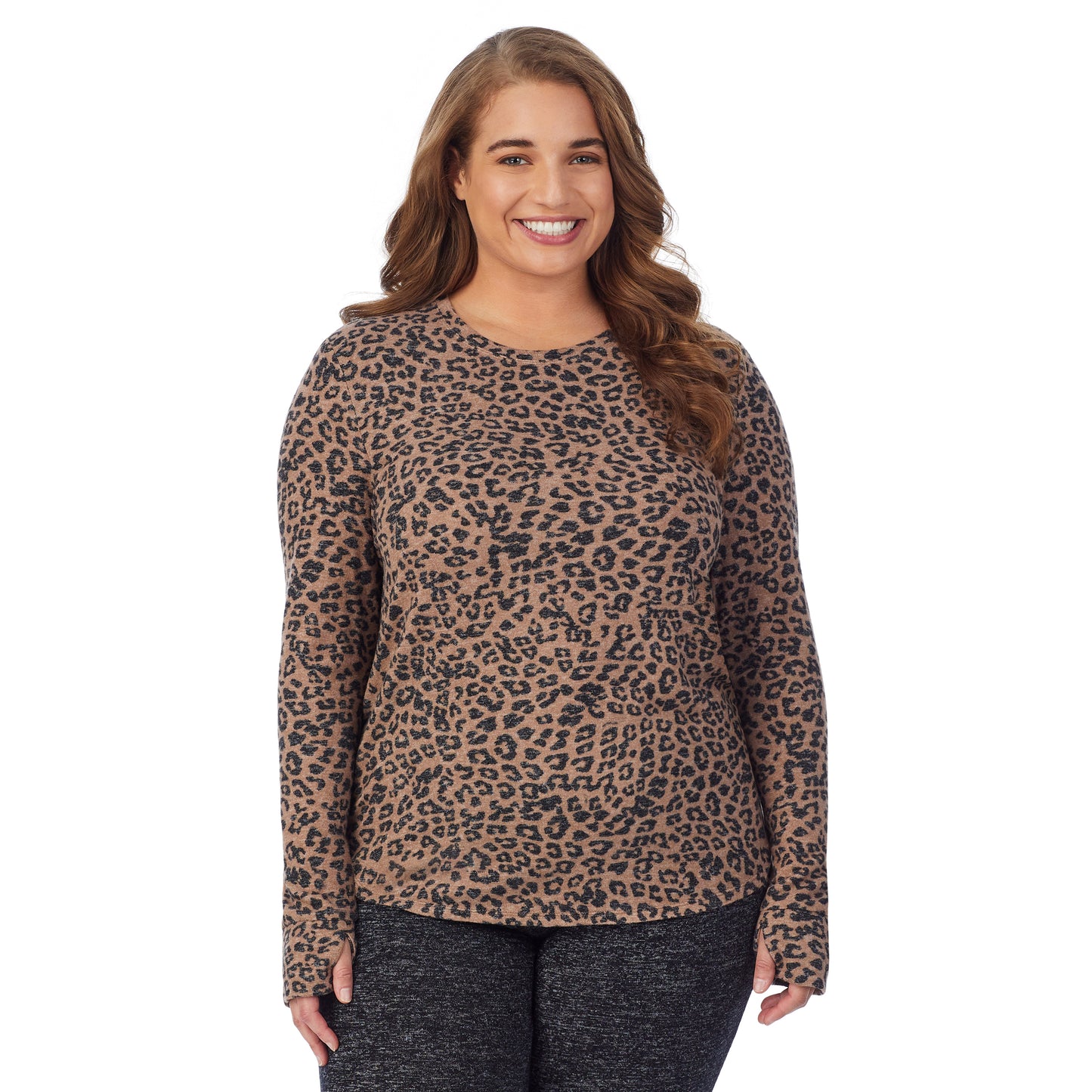 Taupe Animal; Model is wearing size 1X. She is 5'7", Bust 42.5", Waist 34.5", Hips 46". @A lady wearing a taupe animal long sleeve crew plus.