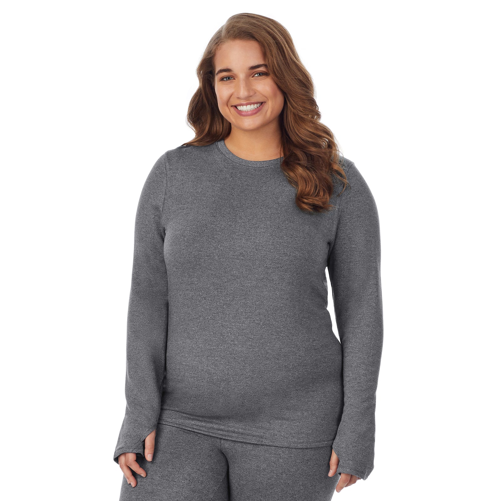 Charcoal Heather;@A lady wearing Ultra Cozy Long Sleeve Crew PLUS in Charcoal Heather  