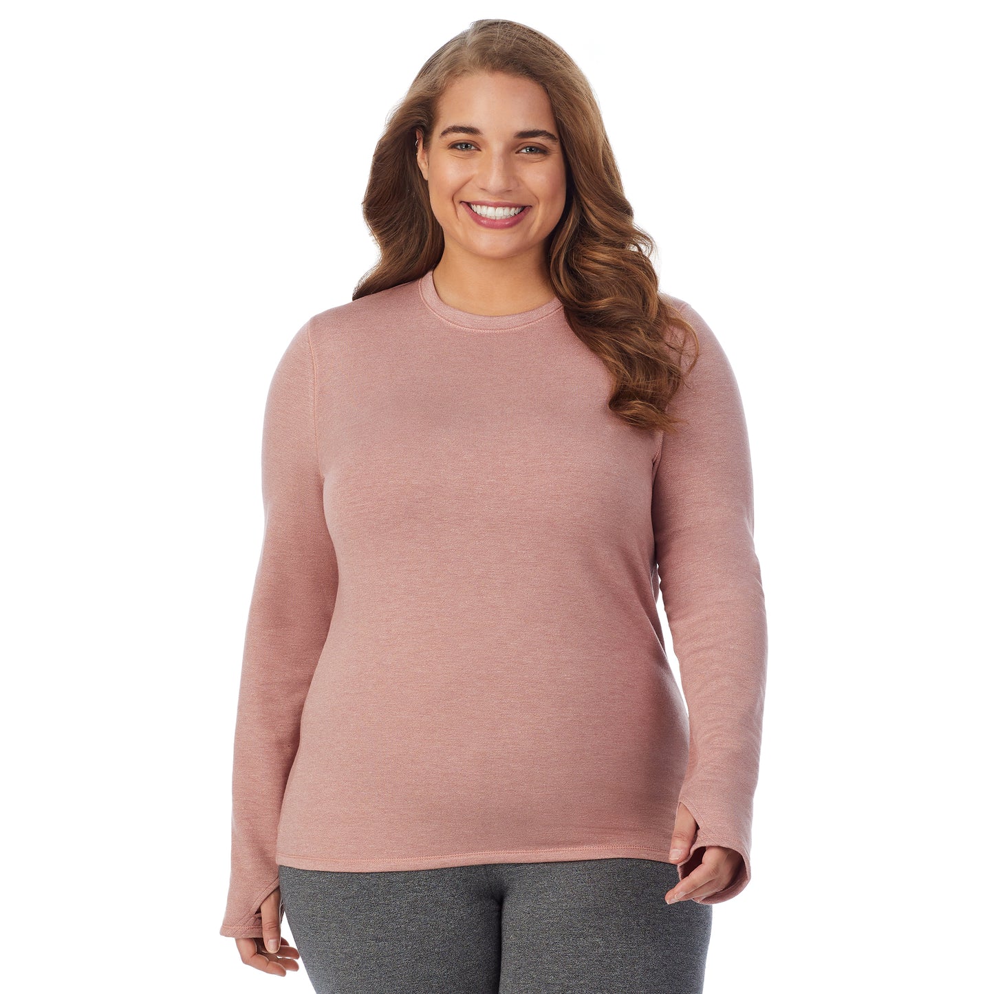 Mink Taupe Heather; Model is wearing size 1X. She is 5'7", Bust 42.5", Waist 34.5", Hips 46" @A lady wearing mink taupe heather long sleeve crew plus.
