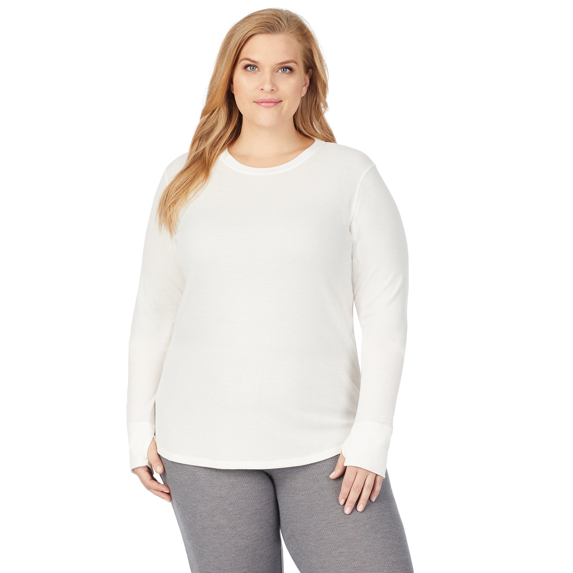 Ivory; Model is wearing size 1X. She is 5'9", Bust 38", Waist 36", Hips 48.5". @A lady wearing a  ivory long sleeve crew plus.