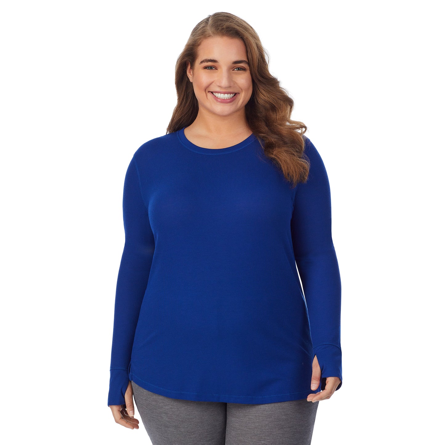  Royal Blue; Model is wearing size 1X. She is 5'7", Bust 42.5", Waist 34.5", Hips 46". @A lady wearing a  royal blue long sleeve crew plus.