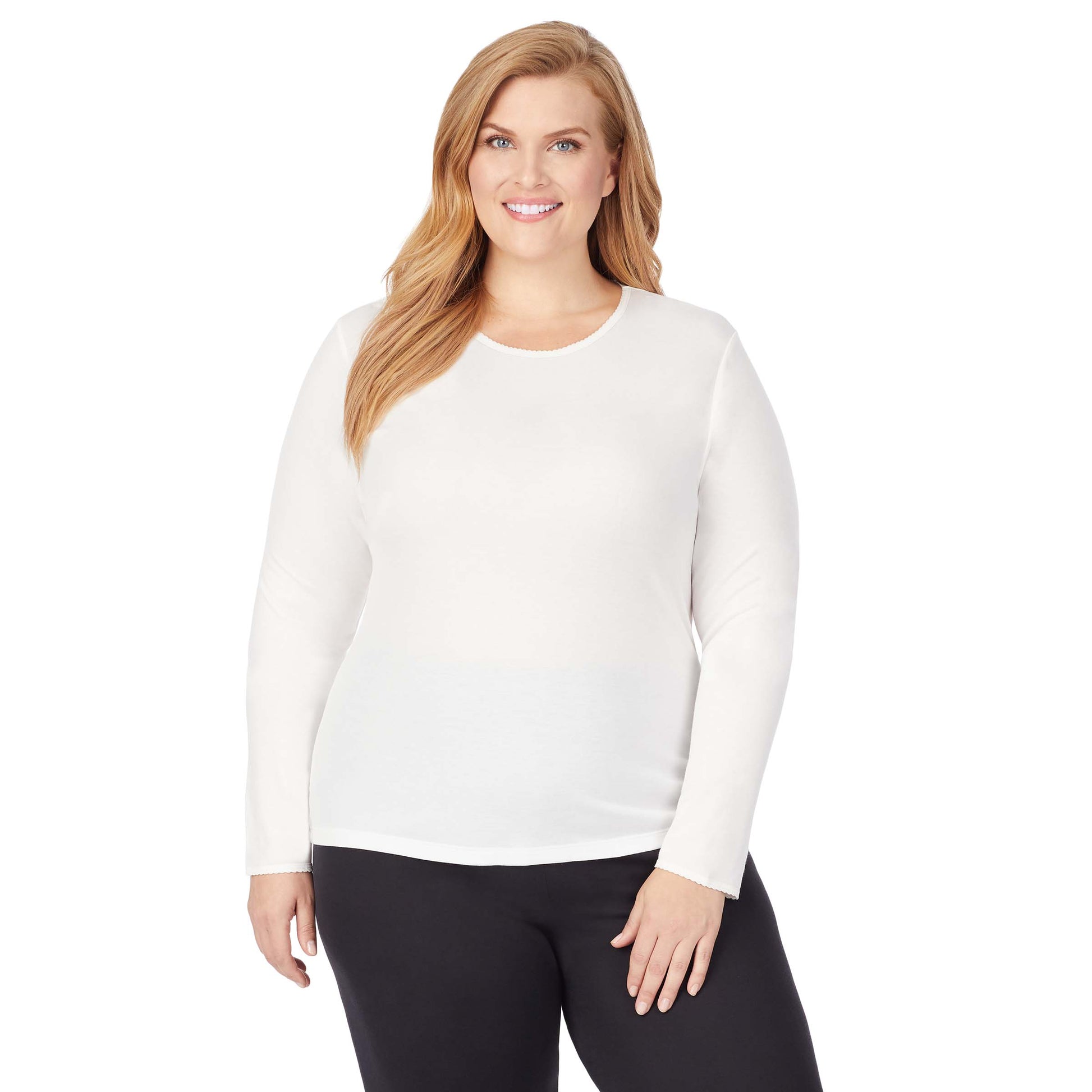  Ivory; Model is wearing size 1X. She is 5'9", Bust 38", Waist 36", Hips 48.5". @A lady wearing a ivory long sleeve crew plus.