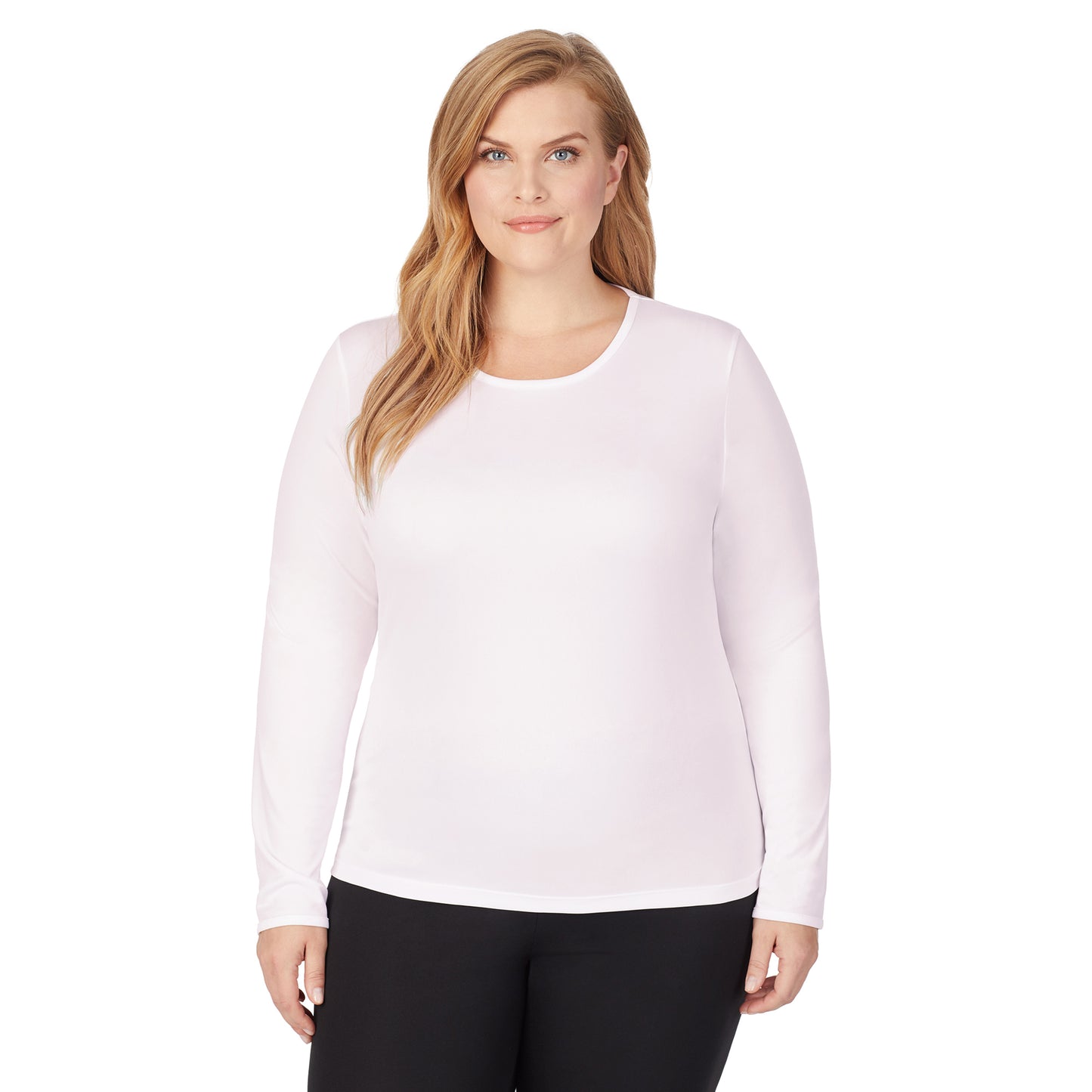 Blush; Model is wearing size 1X. She is 5'9", Bust 38", Waist 36", Hips 48.5".@upper body of A lady wearing blush pink long sleeve crew top