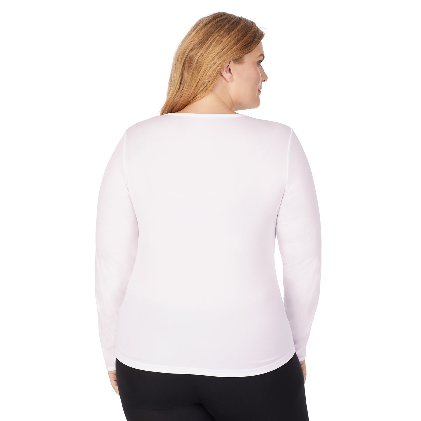 Blush; Model is wearing size 1X. She is 5'9", Bust 38", Waist 36", Hips 48.5".@upper body of A lady wearing blush pink long sleeve crew top