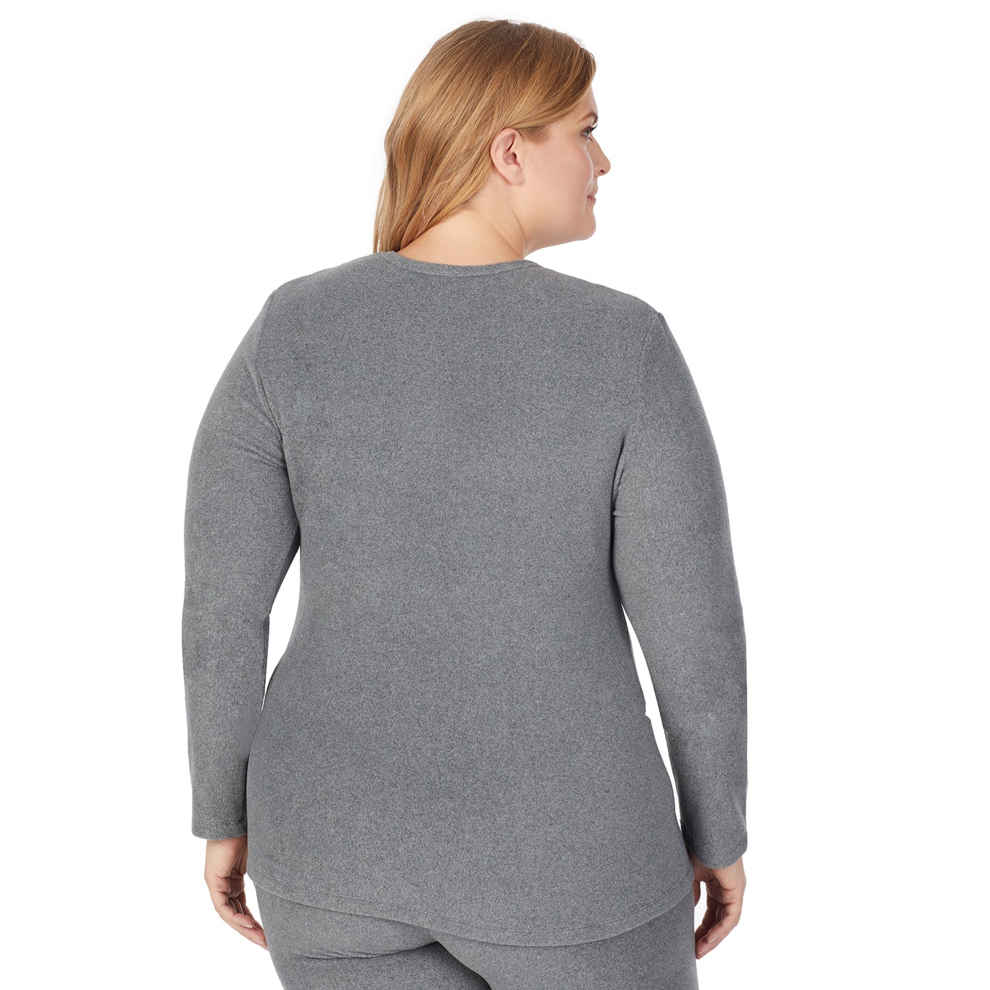 Charcoal Heather; Model is wearing size 1X. She is 5'9", Bust 38", Waist 36", Hips 48.5".@Upper body of a lady wearing grey long sleeve crew