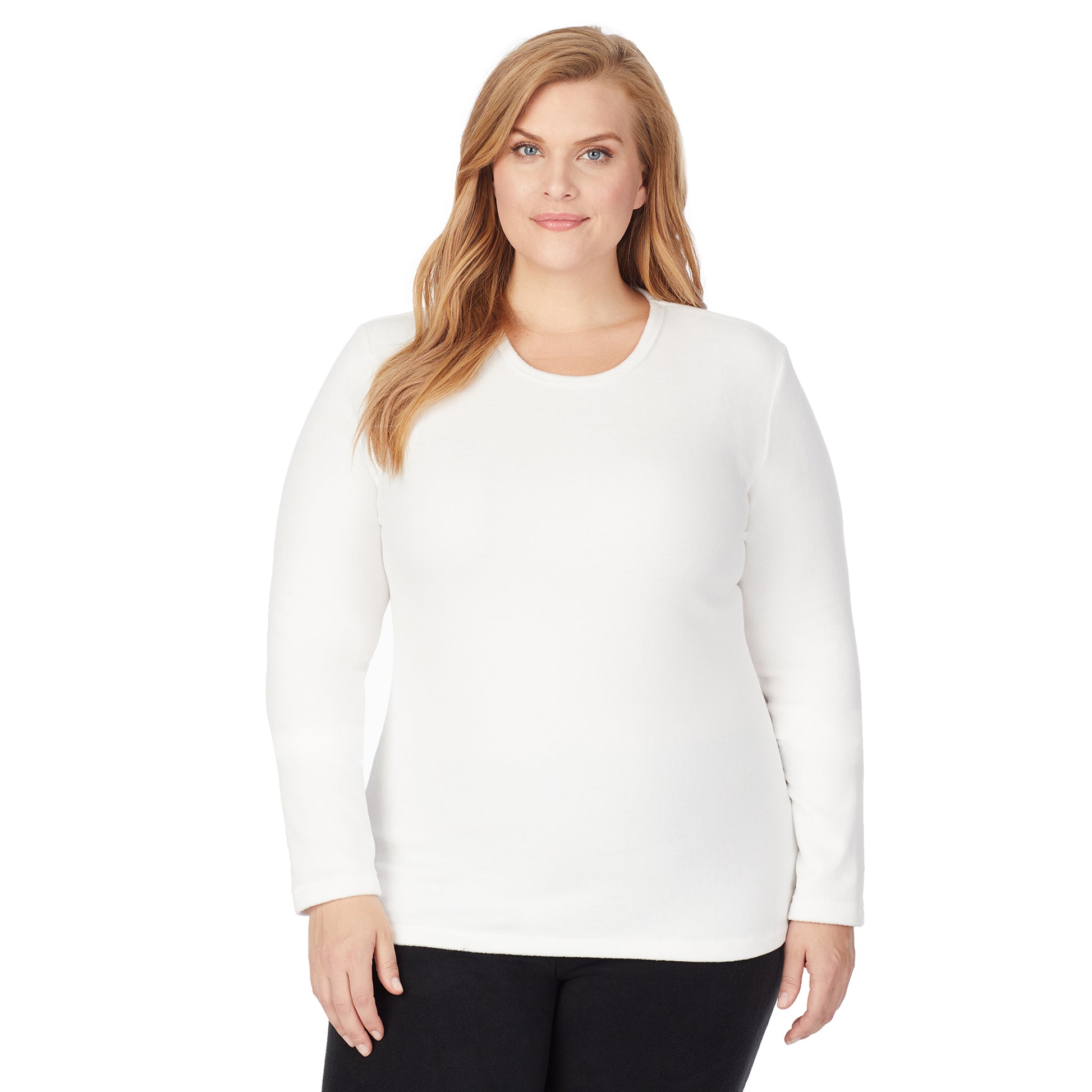 Off White; Model is wearing size 1X. She is 5'9", Bust 38", Waist 36", Hips 48.5".@Upper body of a lady wearing white long sleeve crew