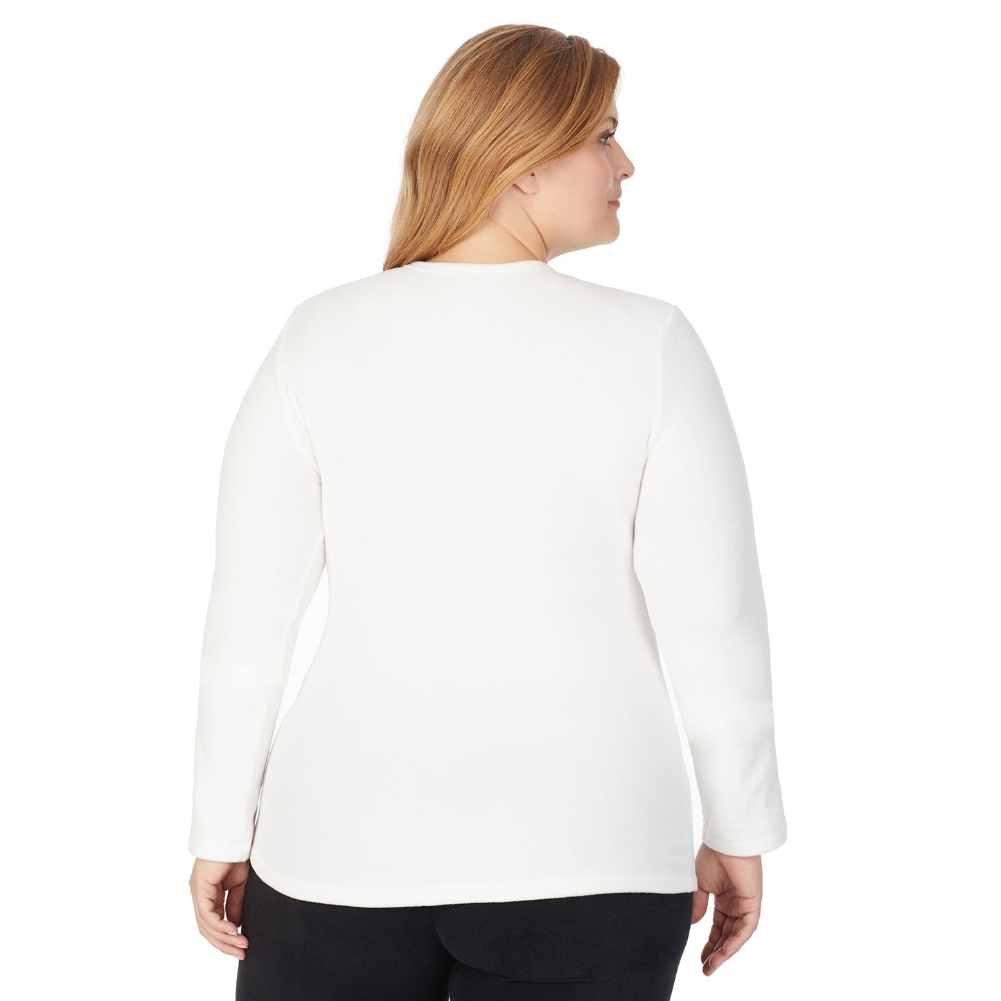 Off White; Model is wearing size 1X. She is 5'9", Bust 38", Waist 36", Hips 48.5".@Upper body of a lady wearing white long sleeve crew